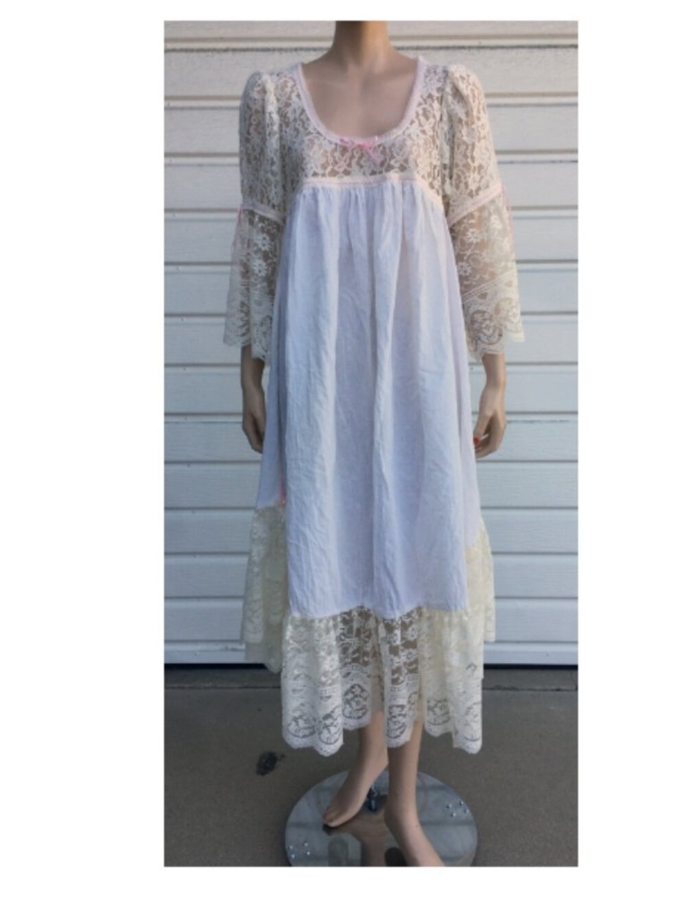 Vtg AC Gauze White Lace Nightgown Prairie Dress Empire Waist USA sz M